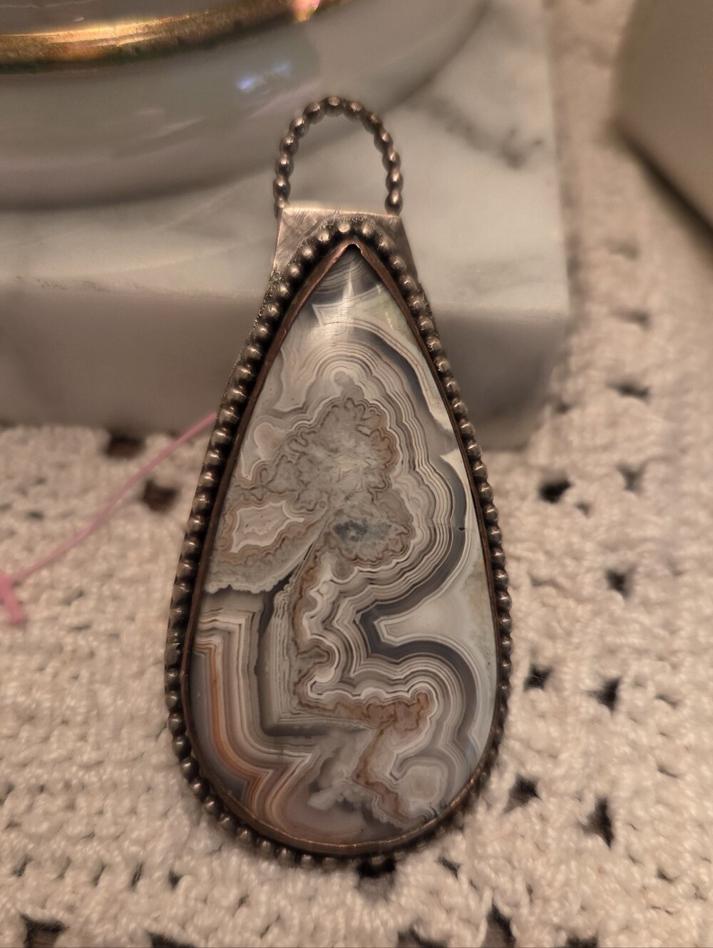 Teardrop Agate Pendant Necklace in Brown and White - Unbranded